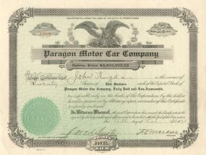Paragon Motor Car Co. - 1922 dated Automotive Stock Certificate
